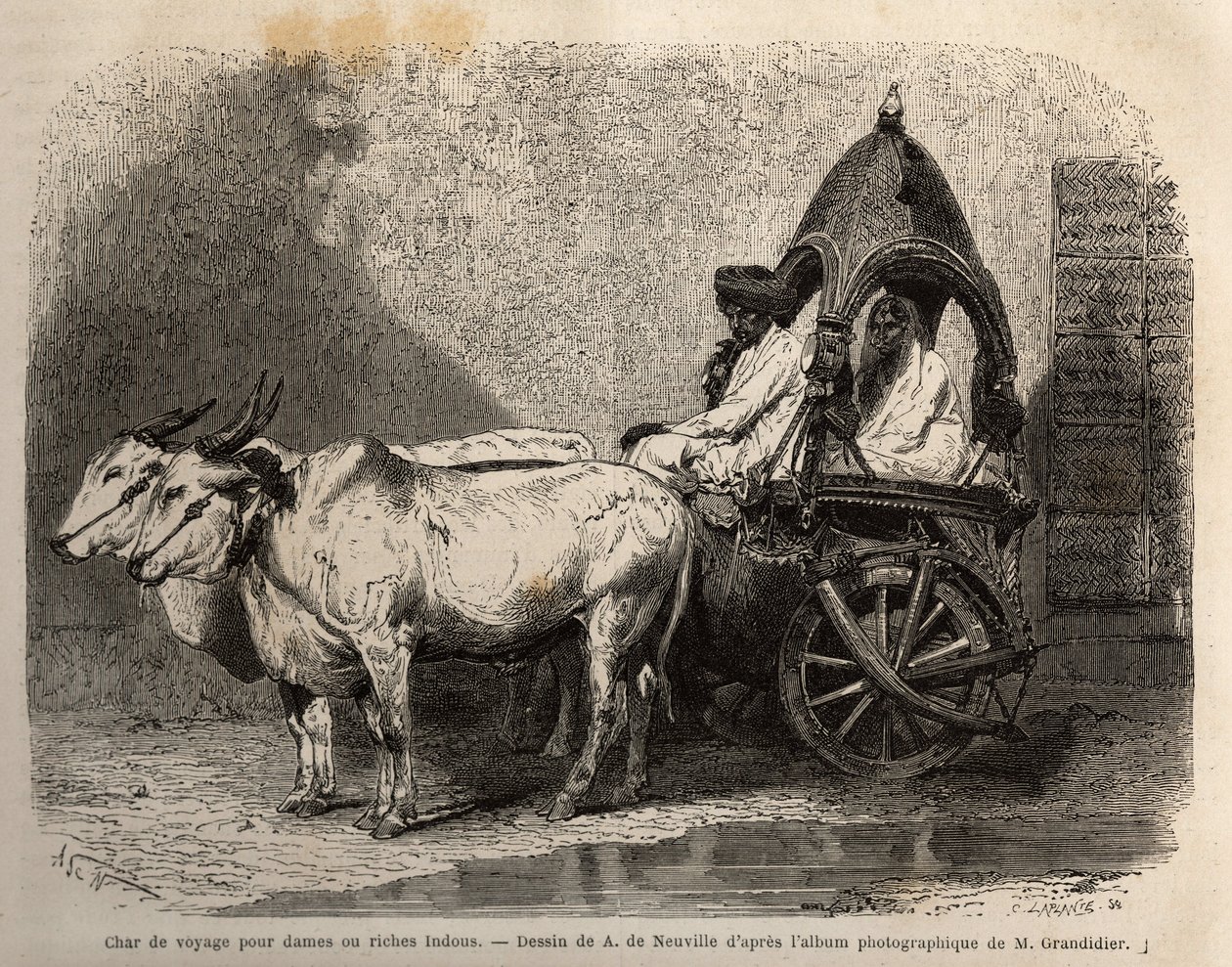 En resetank som avfyras av två vita oxar, för damer eller rika hinduer. Gravyr för att illustrera resan i Indiens meridionalprovinser, av Alfred Grandidier, 1862-1864, publicerad i "" le tour du monde", under ledning av D
