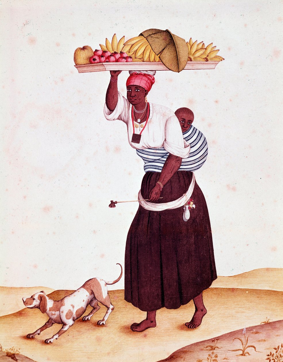 En resande frukthandlare i Bresilian, hon bär sitt barn bakom ryggen. Akvarell av 1700-talet. Rio de Janeiro, Nationalbiblioteket av Unknown artist