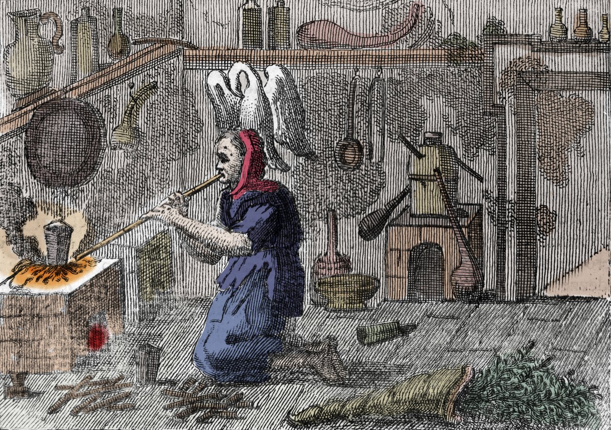 En häxa i sitt laboratorium förbereder en trolldryck, precis ett horn fyllt med magiska örter. Gravyr av 1500-talet av Unknown artist