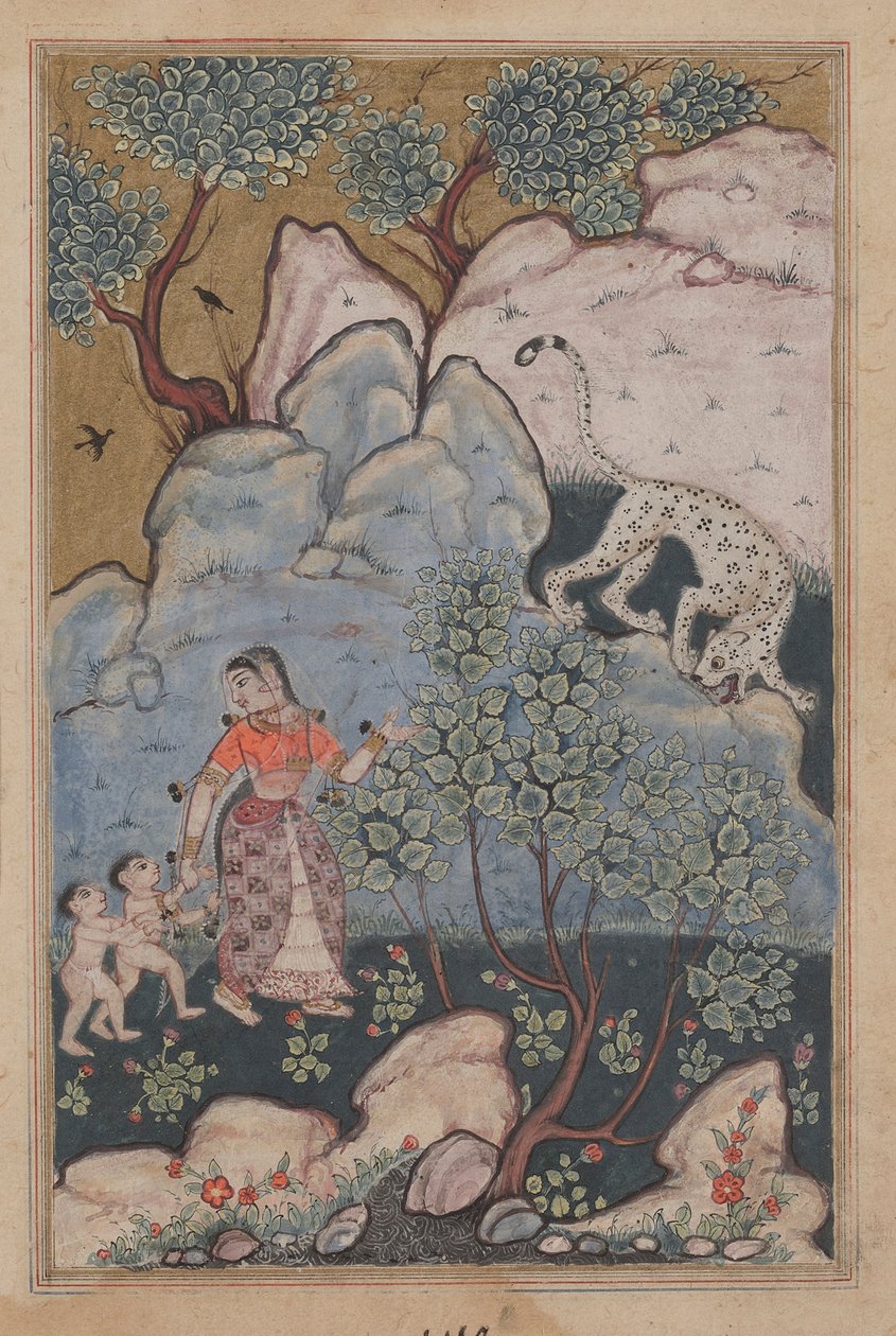 En kvinna med två barn, som har övergett sitt hem, går in i skogen där hon möter en leopard, från en Tuti-nama (Berättelser om en papegoja): Trettionde natten av Unknown artist
