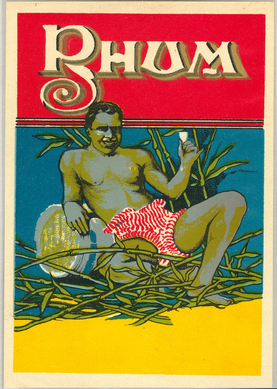 En ung svart man denude som håller ett glas rom (reklam) (Chromolithography av Unknown artist