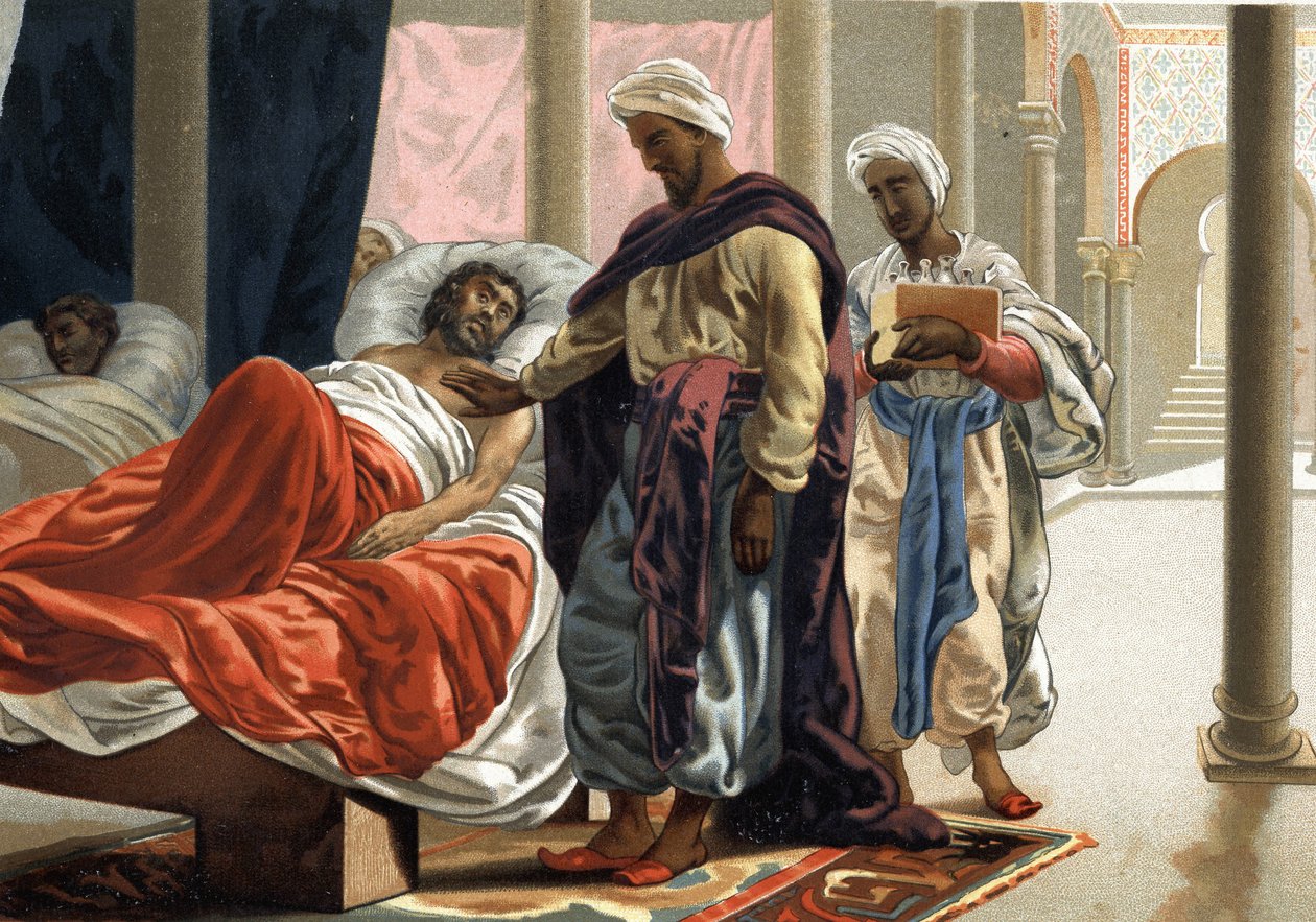 Abulcasis (Abul Qasim ibn Khalaf al-Abbas al-Zahrawi (936 - 1013 e.Kr.) som vårdar en sjuk person i Spanien omkring år 1000. enligt "La Ciencia y sus Hombres"" av Louis Figuier. Barcelona 1881 av Unknown artist