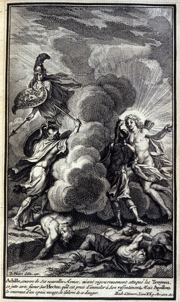 Achilles, täckt med sina nya vapen, efter att ha angripit trojanerna rigoröst, kastade han sig med raseri över Hector, som han var redo att slakta till sin förbittring, men Apollon täckte honom med ett tjockt moln för att befria denna fara. Illustration av av Unknown artist
