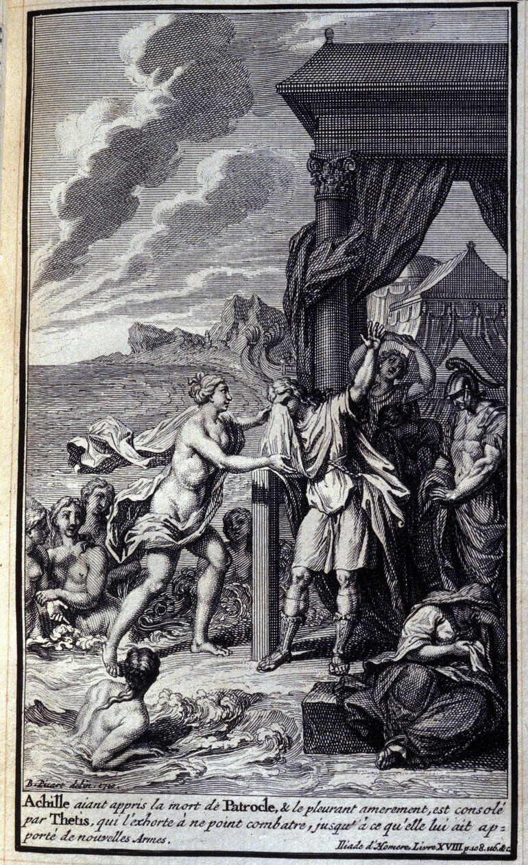 Achilles, som har hört talas om Patrokles död och gråtit honom bittert, tröstas av Thetis, som uppmanade honom att inte slåss, tills hon förde honom nya vapen." Illustration av bok XVIII av Iliaden av Homere, fransk upplaga av Unknown artist