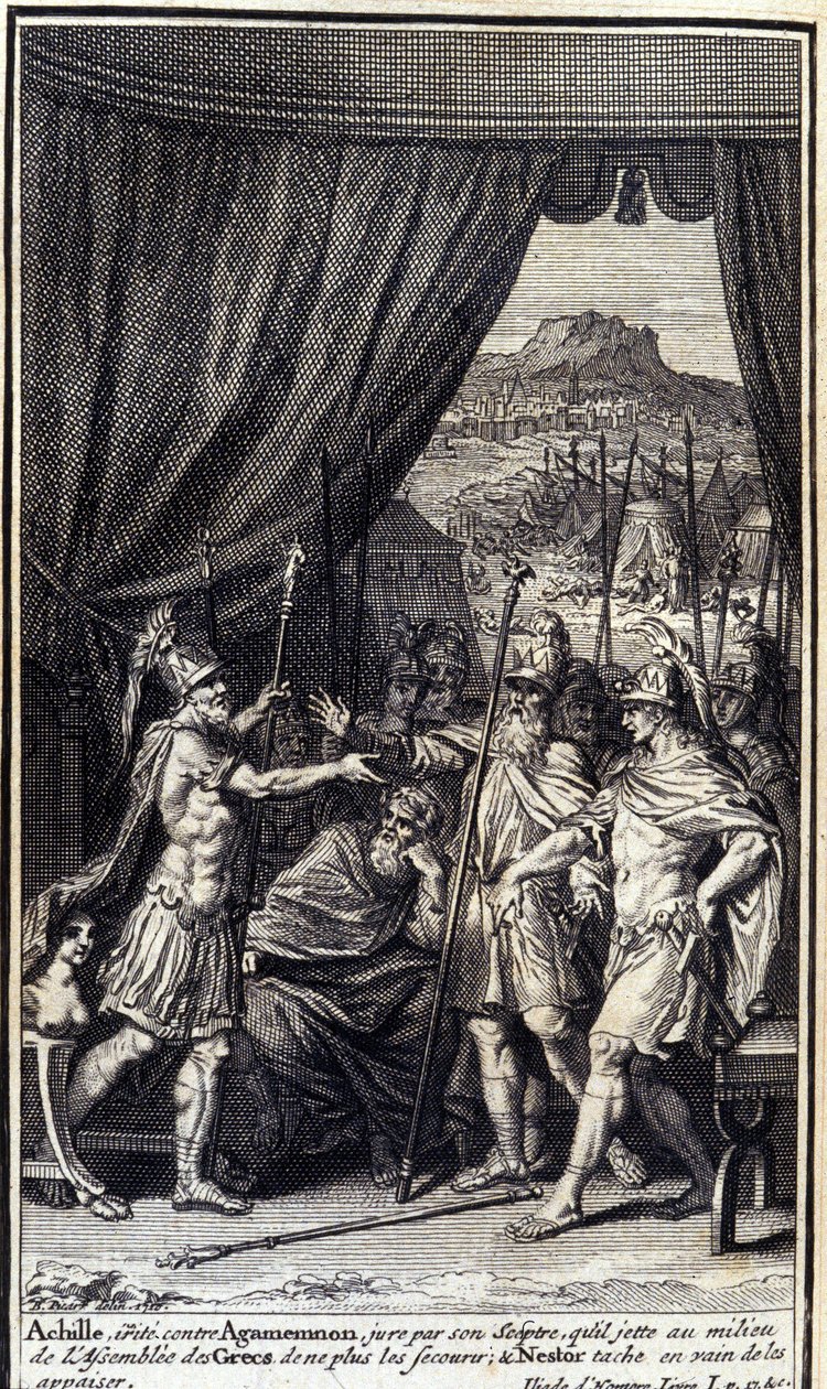 Akilles, irriterad mot Agamemnon, svär vid sin spira att han kastar mitt i grekernas församling för att inte hjälpa dem; och Nestor fläckar förgäves för att blidka dem. Illustration av bok I av Iliaden av Homere, fransk upplaga av Unknown artist