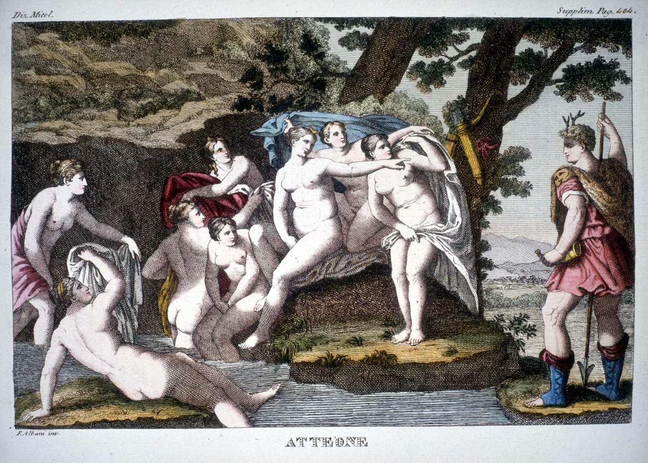 Acteon förvandlad till rådjur - i Mythological Dictionary av Unknown artist