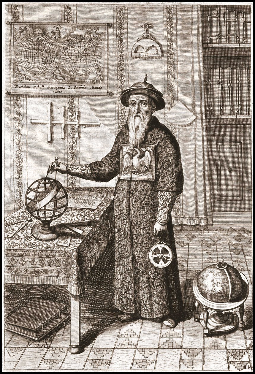 Adam Schall, astronom (1592-1666) i mandarin-dräkt, med jord- och himmelsklot och astrolabium - i "Kina" av Athanase Kircher (eller Athanasius Kircheri) av Unknown artist