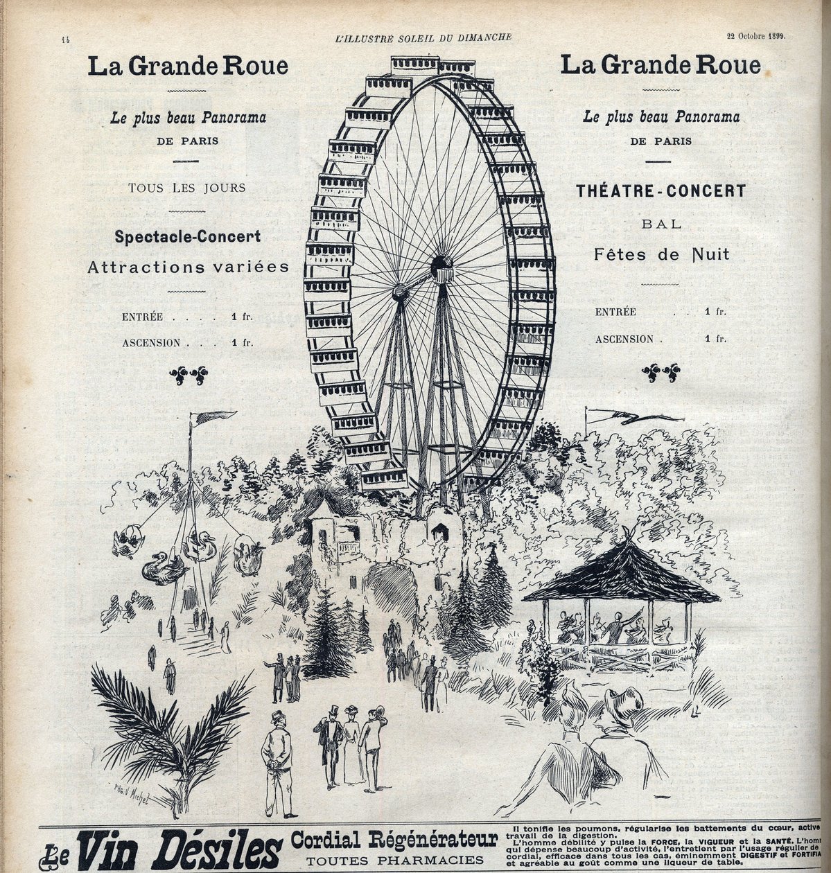 Reklam för pariserhjulet i Paris som erbjuder stadens vackraste panorama för 1 franc. Gravyr i "" Le sun-du-dimanche"" av Unknown artist