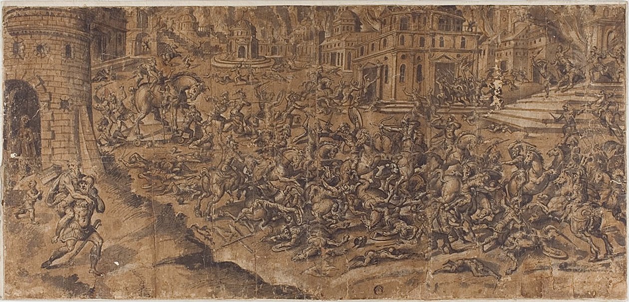 Aeneas lämnar den brinnande staden Troja av Unknown artist