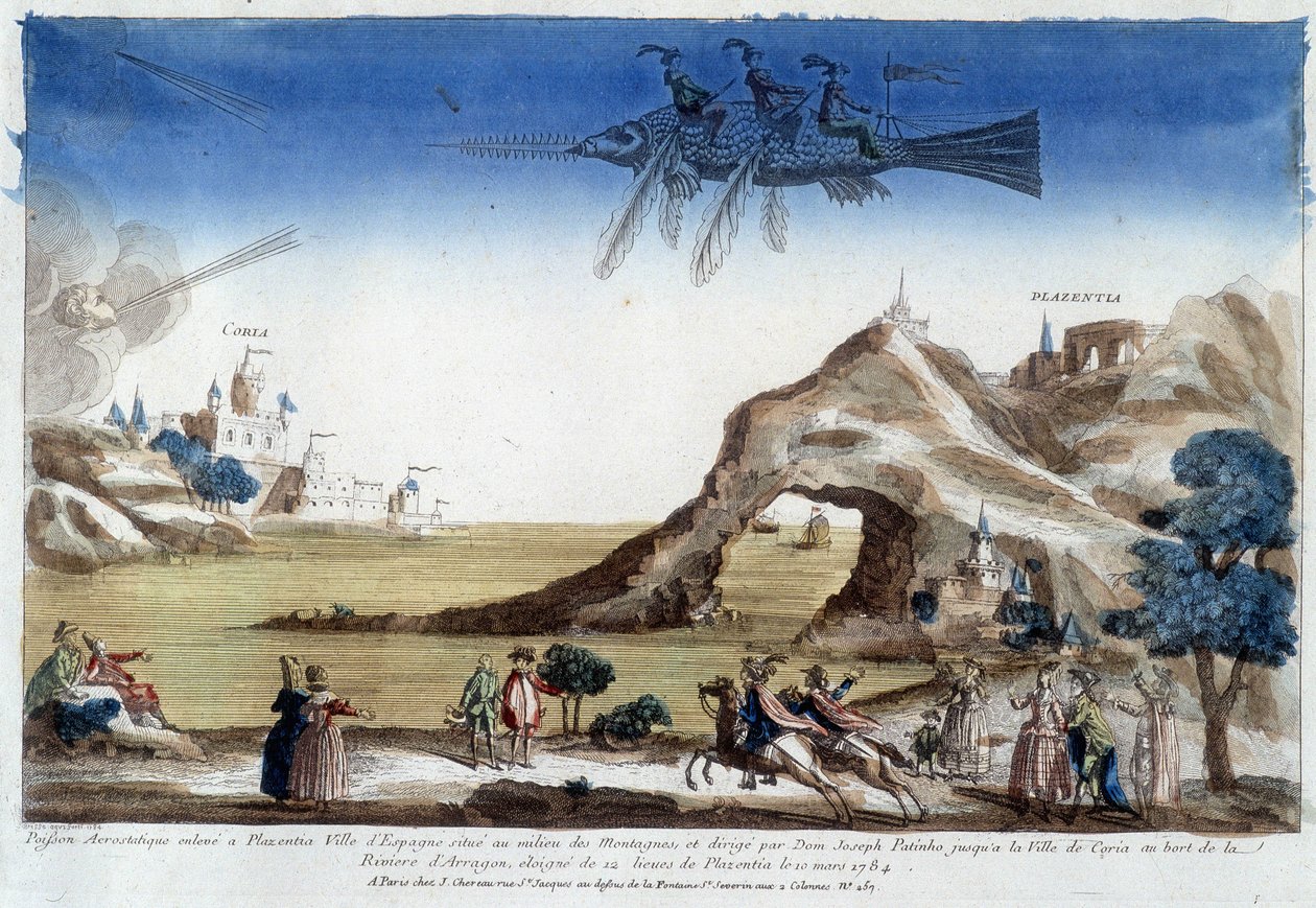 Aerostatisk fisk uppfödd i Plazentia, Spanien, regisserad av Dom Joseph Patinho, som flyger till staden Coria på stranden av Arragonfloden (12 ligor från Plazentia) den 10 mars av Unknown artist