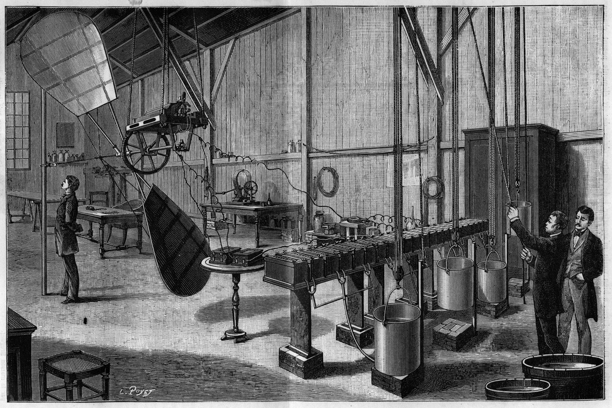 Aerostatic workshop of Tissandier freres: Översikt över en propeller med två helicoide-pallar som drivs av en Siemens dynamo elektrisk maskin och ett batteri av lätta kaliumklorid bikromatbatterier. Gravyr från 1883. i "" La Nature. Granskning av vetenskap av Unknown artist