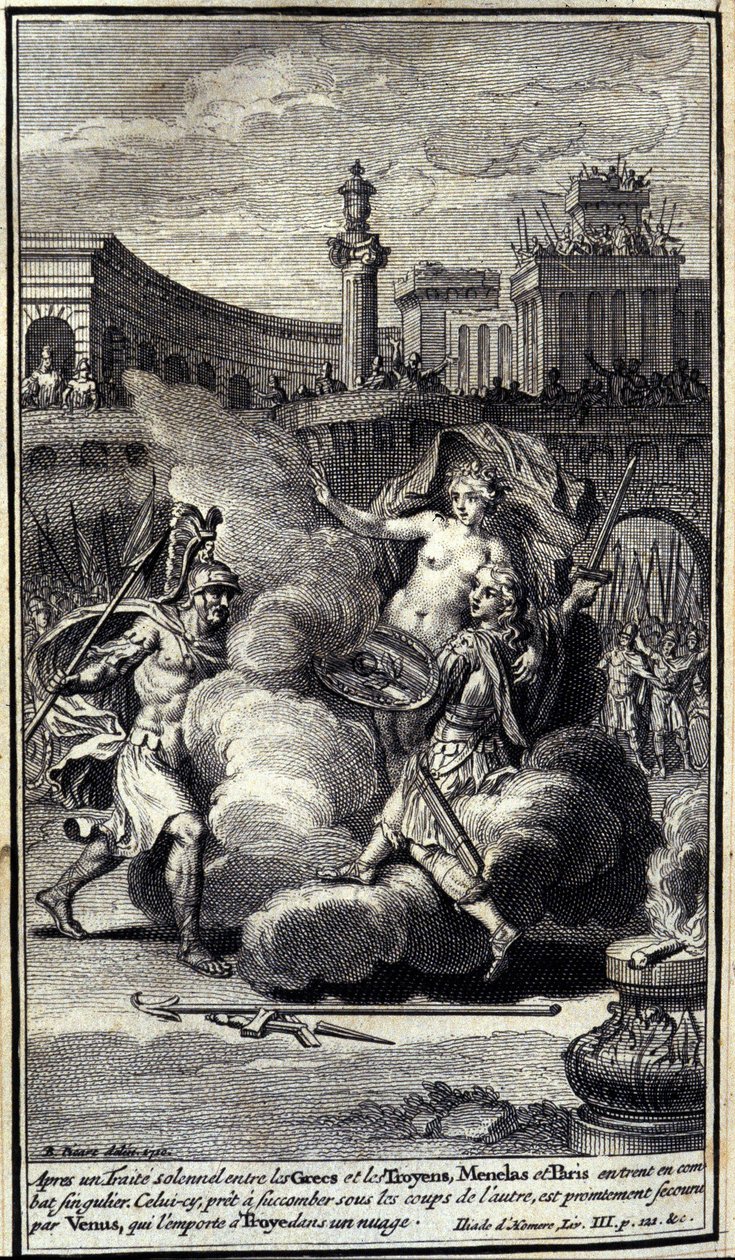 Efter en högtidlig överenskommelse mellan grekerna och trojanerna inledde Menelas och Paris en enastående strid. Den här, redo att ge efter under den andras slag, räddas av Venus som vinner Troyes i ett moln. Illustration av bok III av Iliaden av hemmet av Unknown artist