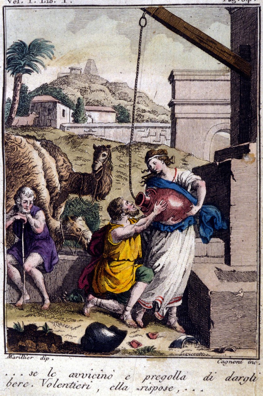 Agar till brunnen: Jag går fram till henne och ber henne ge en drink. Hon ska svara... Gravyr från början av 1800-talet. av Unknown artist