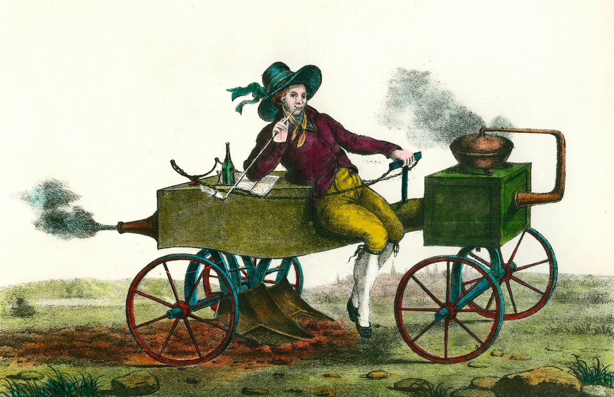 Jordbruk: plöjningsscen med ångmaskin 1834. Anonym gravyr från 1834. Privat samling av Unknown artist