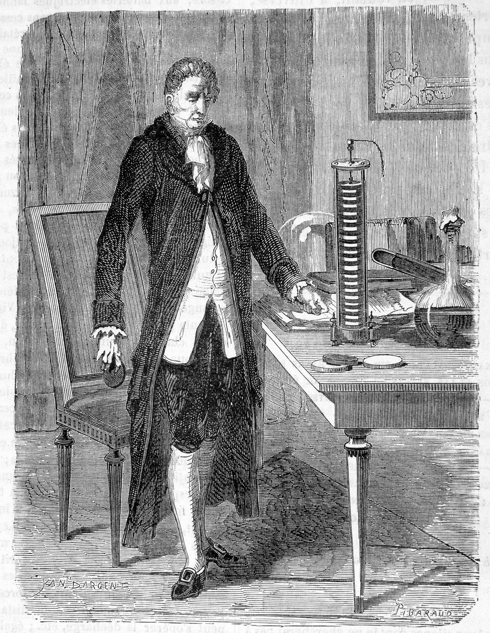 Alessandro (Alexandre) Volta byggde 1799 elektromotorn eller det elektriska batteriet - gravyr av Unknown artist