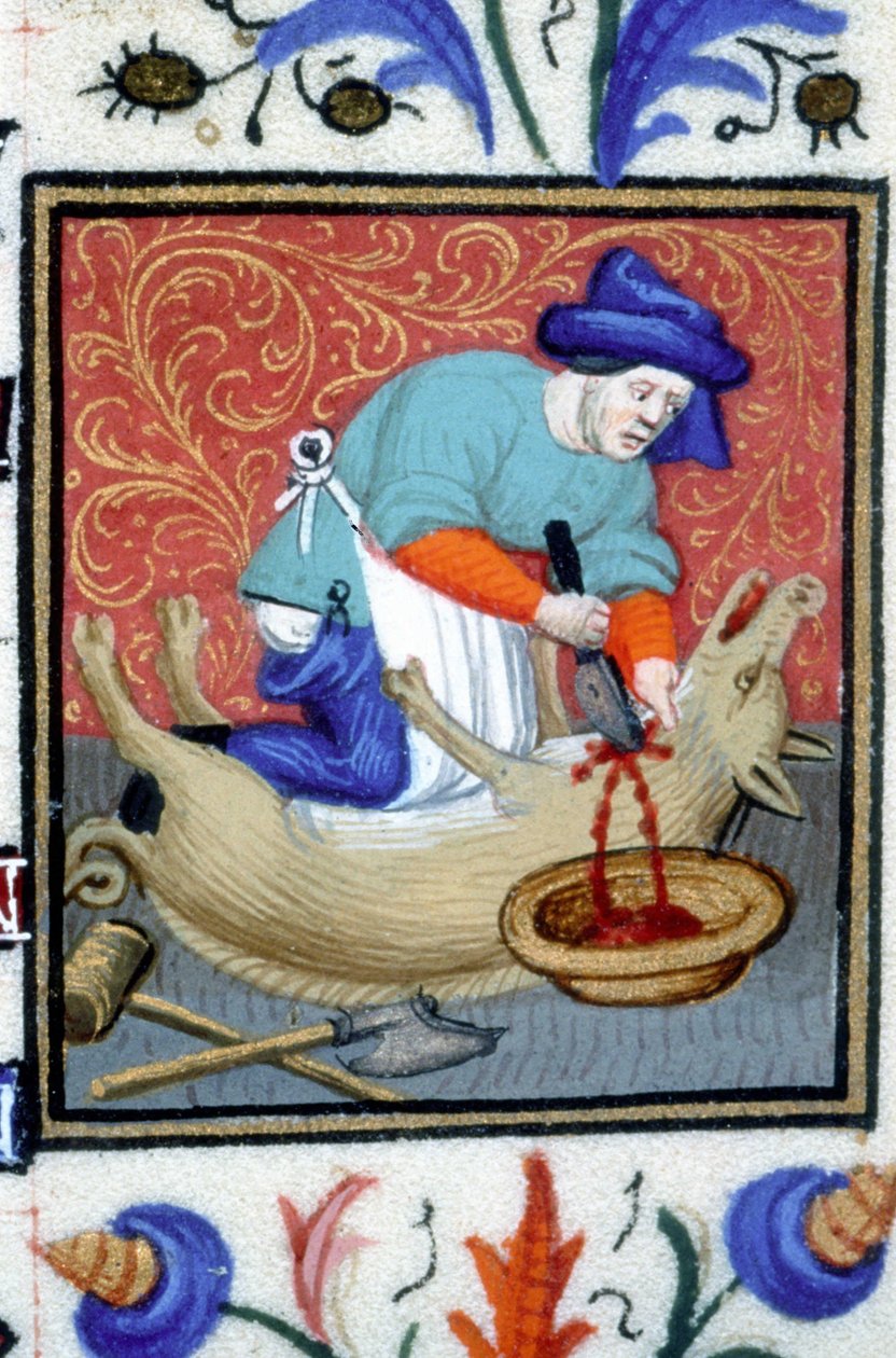 Allegorisk framställning av december. En slaktare dödar en gris. Miniatyr av ett 1300-talsmanuskript. av Unknown artist