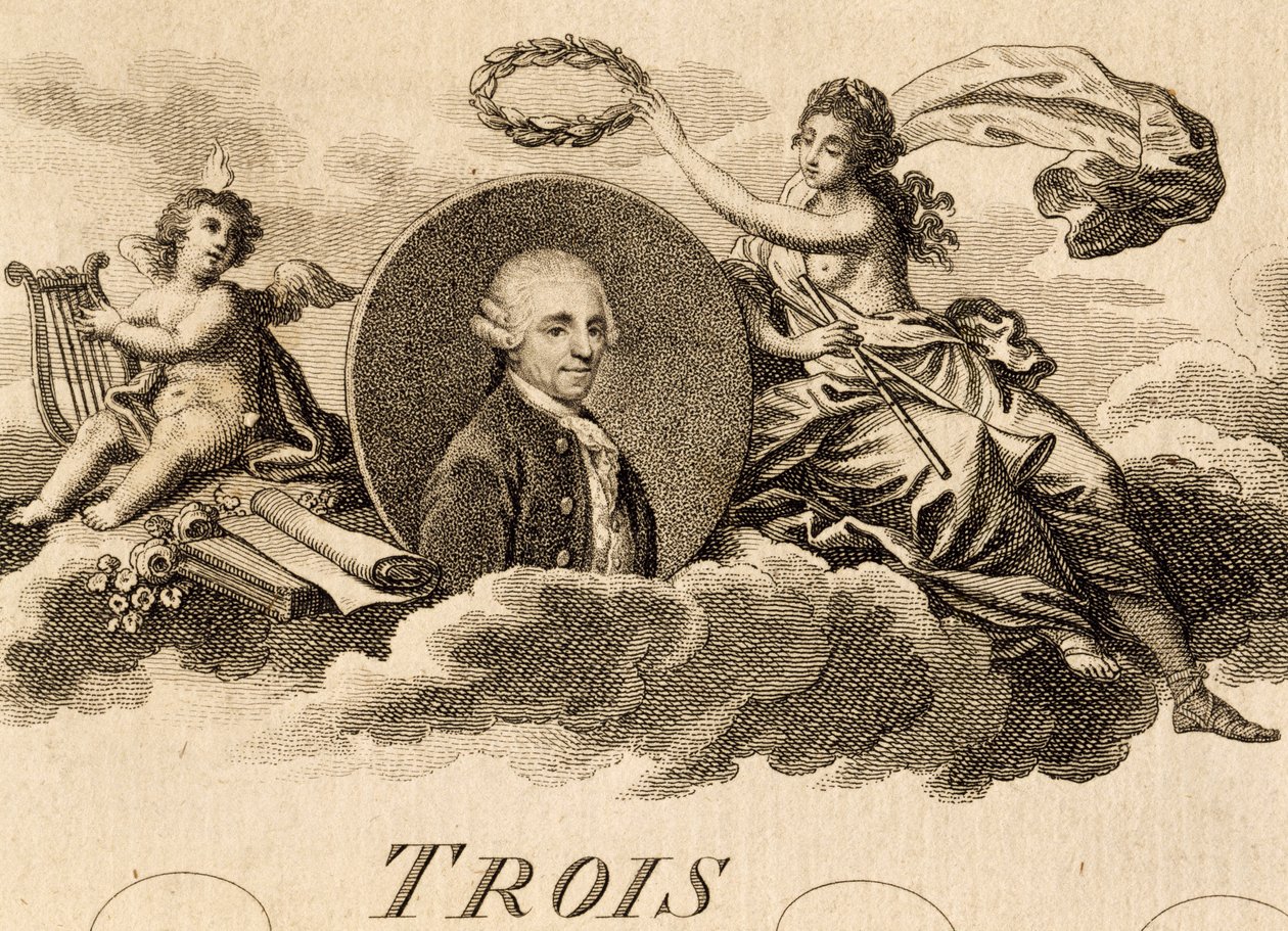 Allegory of Franz Joseph Haydn (1732-1809) på partiturens titelsida för Three Quartets, Opus 75, Book I av Unknown artist
