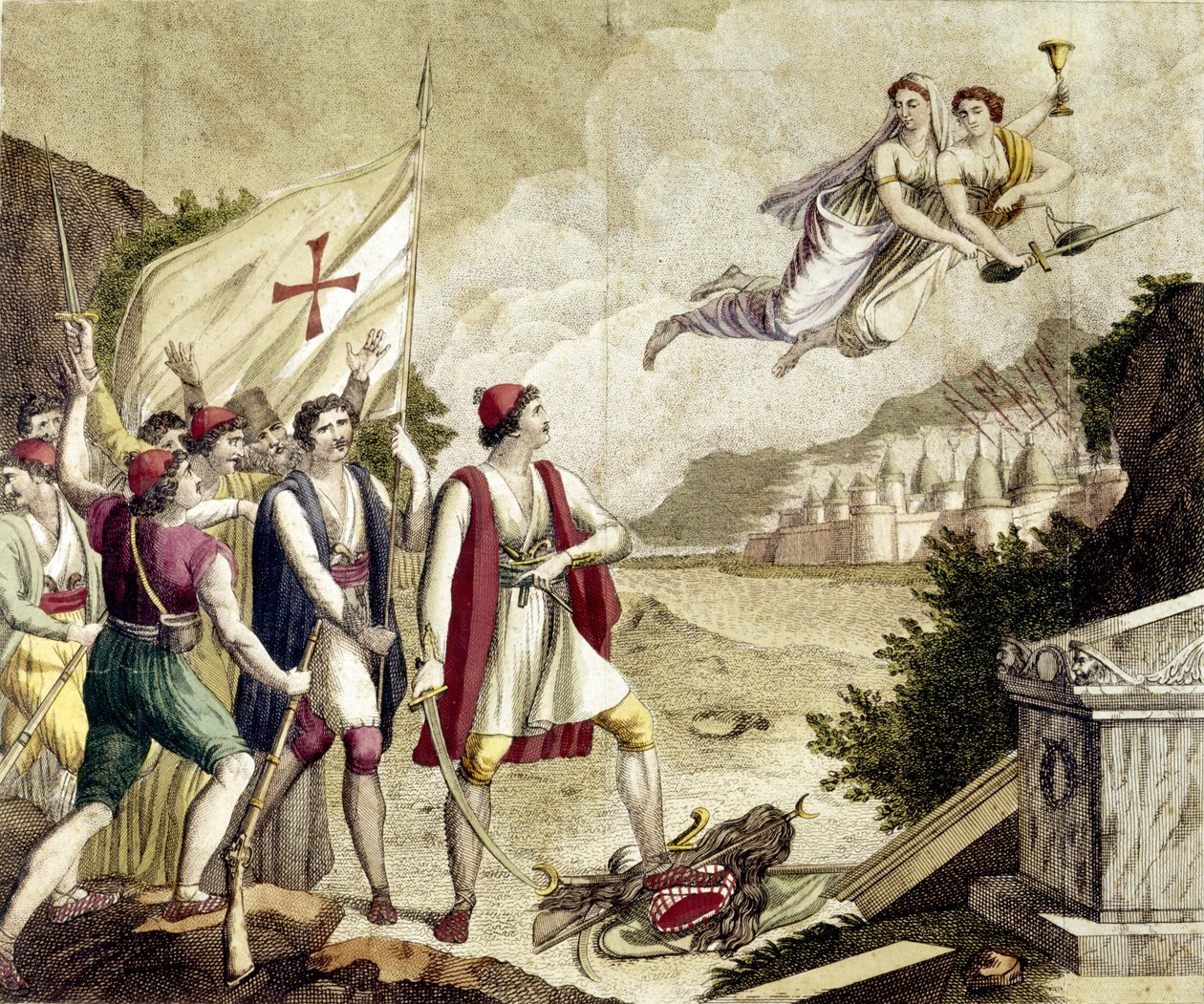Allegori om återuppvaknandet av den nationalistiska känslan av Grekland under ottomansk dominans som ledde till det grekiska frihetskriget (1821-1830) eller den grekiska revolutionen. av Unknown artist