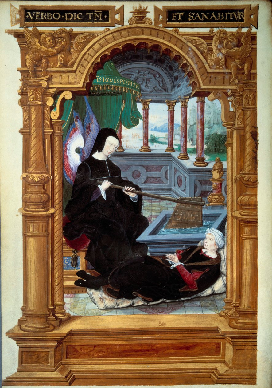 Allegori om regenten Louise de Savoie (1476-1531), mor till Francois I, representerade att hålla ett roder och bära änglavingar. Författaren till manuskriptet ligger vid hans fötter. Miniatyr tagen från "" Geste de Blanche de Castille"" av Etienne Le Bl av Unknown artist
