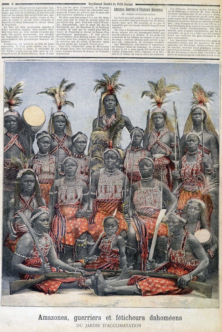 Amazoner, krigare och Dahomean fetischer (från dagens Benin), från acklimatiseringens trädgård - i "" Le Petite Journal"" av 1891-02-28 av Unknown artist