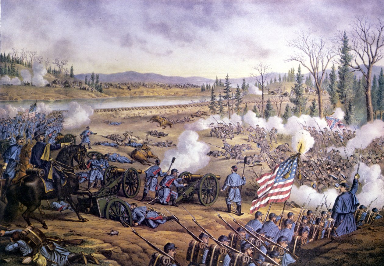 Amerikanska inbördeskriget (1861 - 1865): Slaget vid Stones River eller andra slaget vid Murfreesboro, Tennessee 31 dec 1862-02 januari 1863. Gravyr från 1800-talet. av Unknown artist