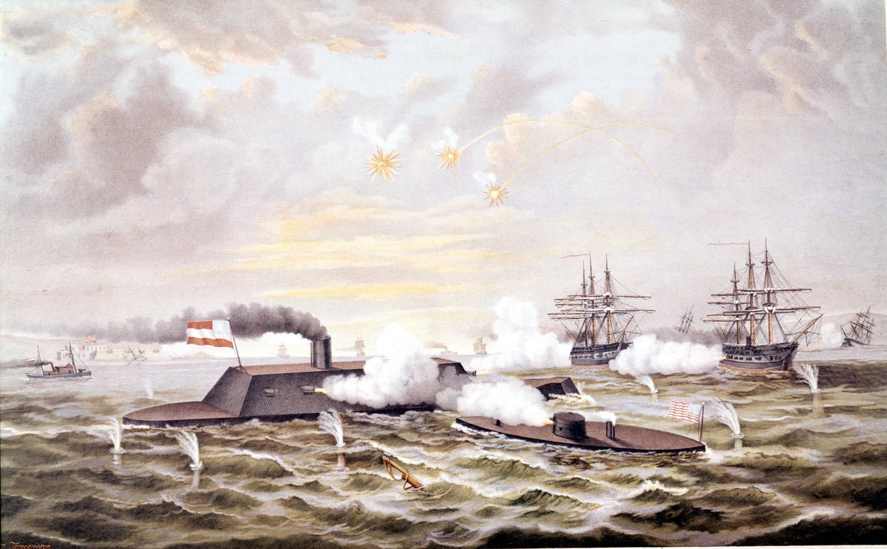 Amerikanska inbördeskriget (1861 - 1865): Sjöslaget vid Hampton Roads (Virginia) 8-09 mars av Unknown artist