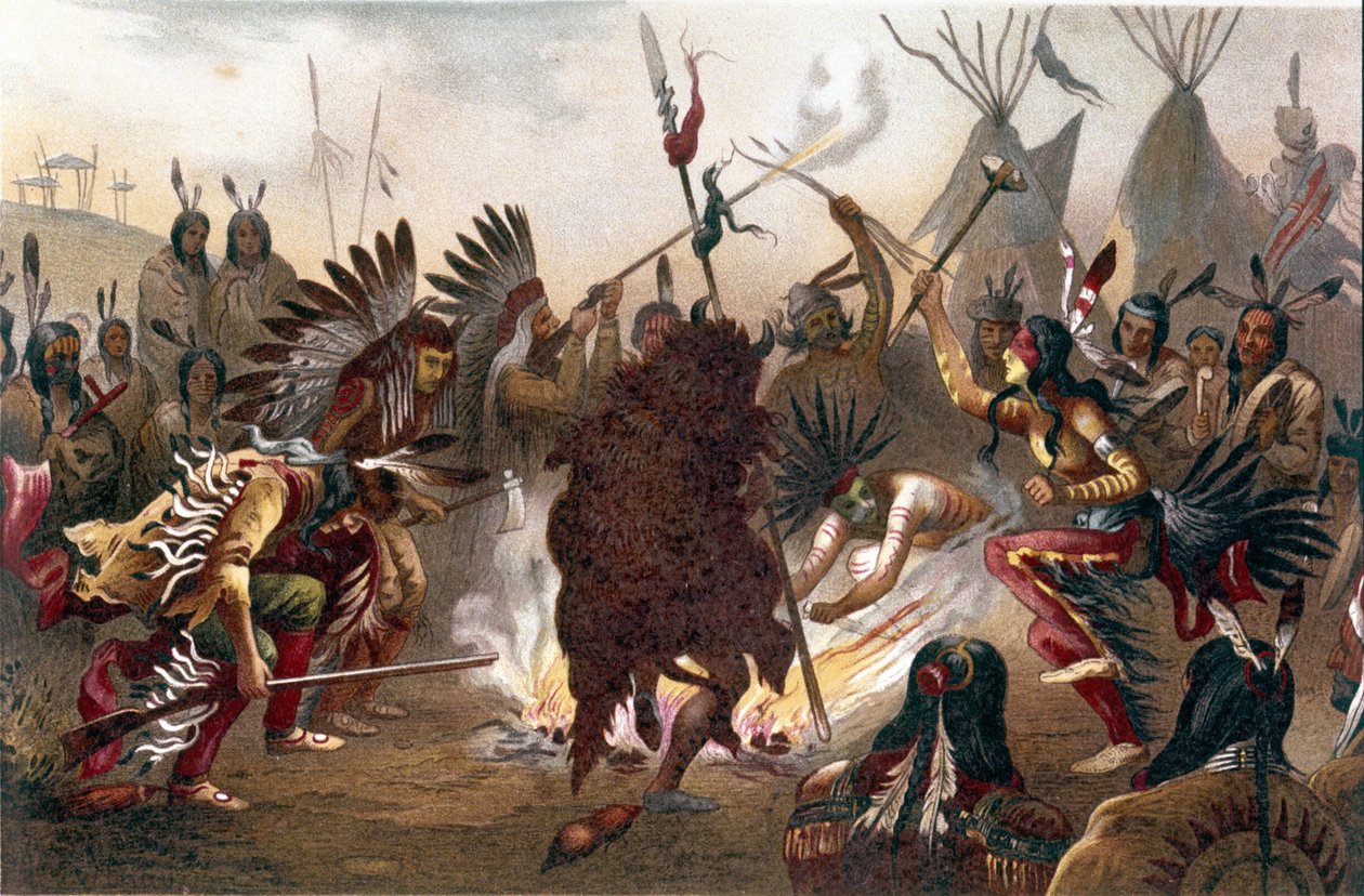 American Indian Ritual (Southern Dakota Plains Indians): Sioux War Dance. kromolitografi från ""The human race"" av Ratzel, cirka 1890 av Unknown artist