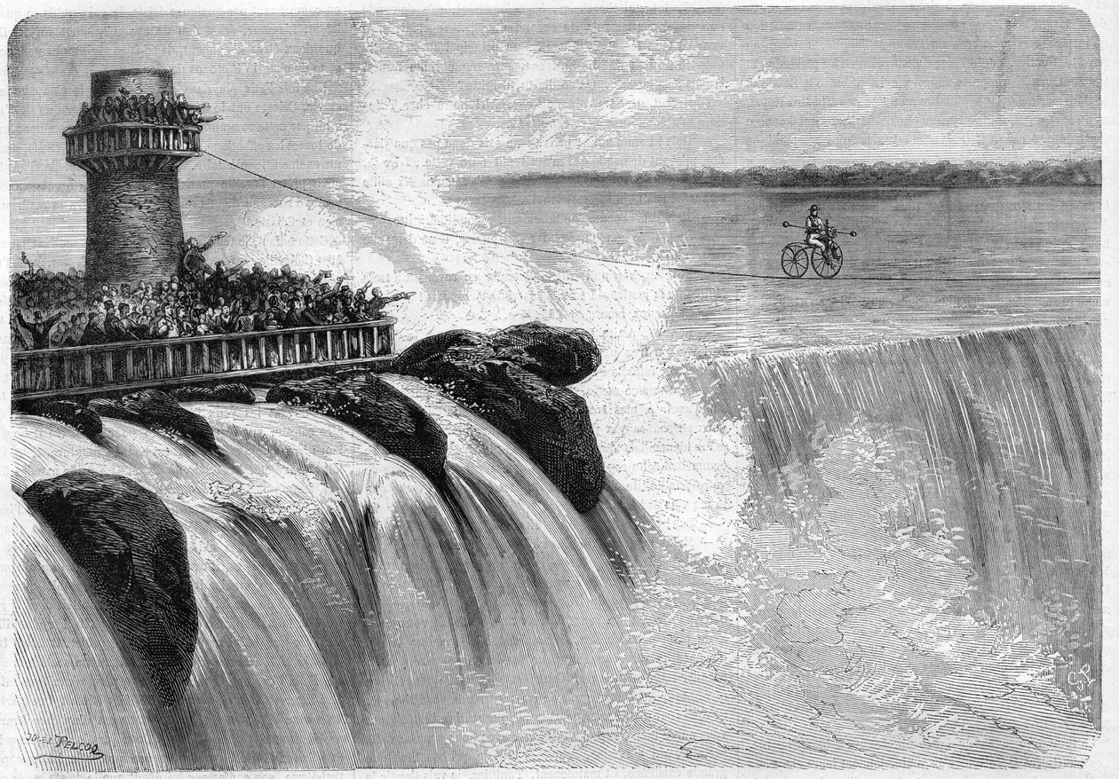 Amerikanska Jenkins korsade Niagarafallen på en Velociped 1869. av Unknown artist