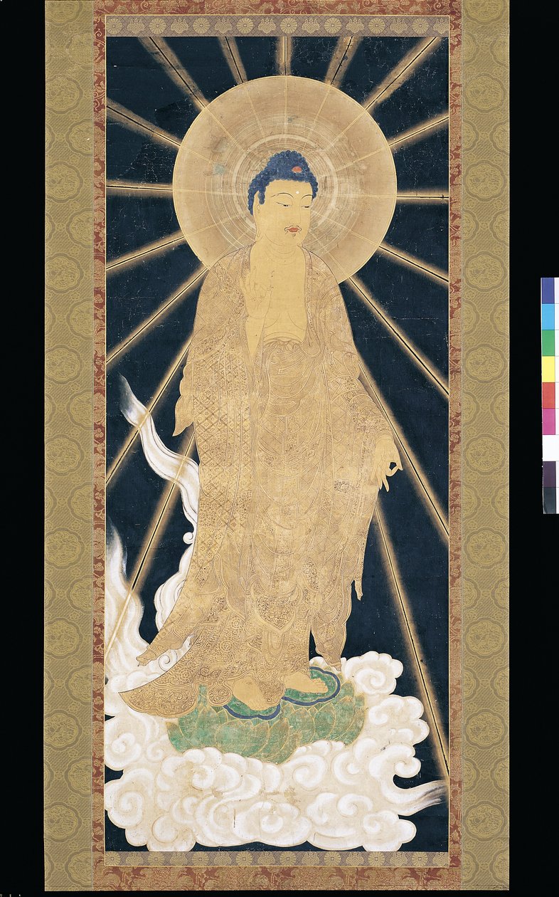 Amitabha (Amida) Triad Descending From Heaven (pigment på konshi (blått rispapper)) av Unknown artist