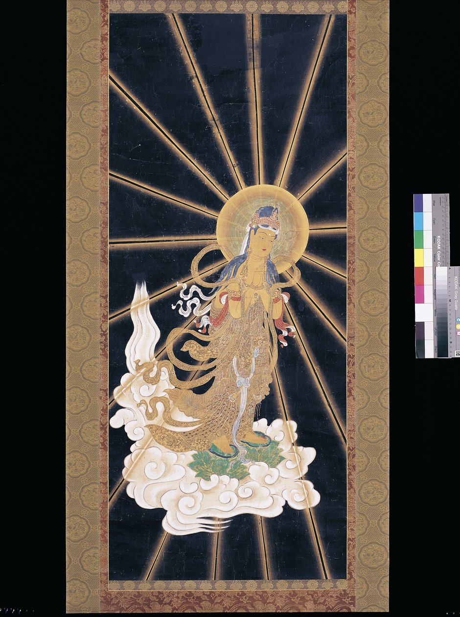 Amitabha (Amida) Triad Descending From Heaven (pigment på konshi (blått rispapper)) av Unknown artist