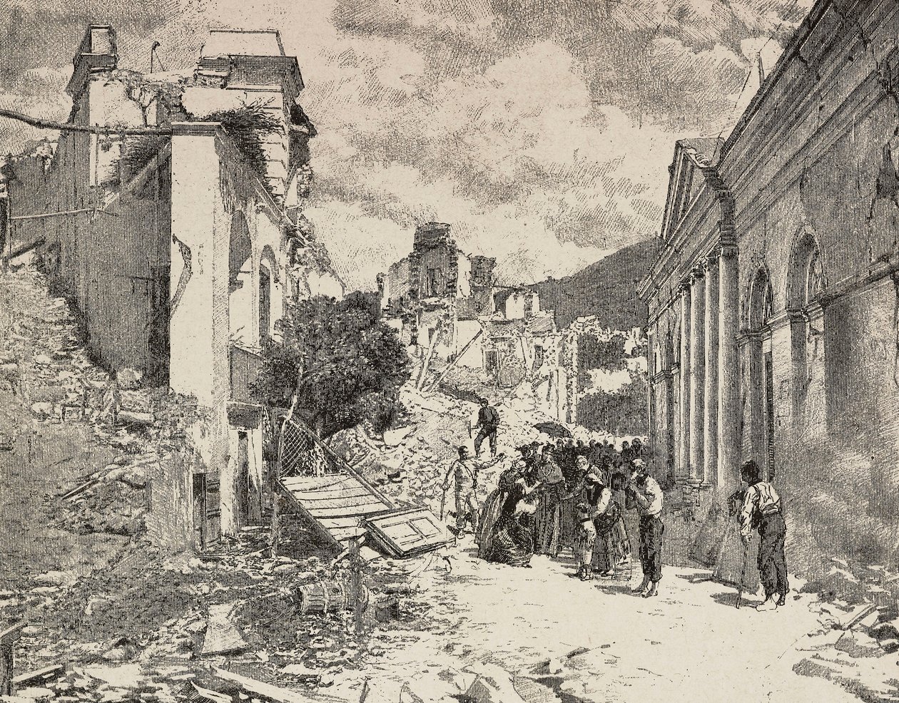 Bland ruinerna efter jordbävningen i Balliazzi badort, Italien av Unknown artist