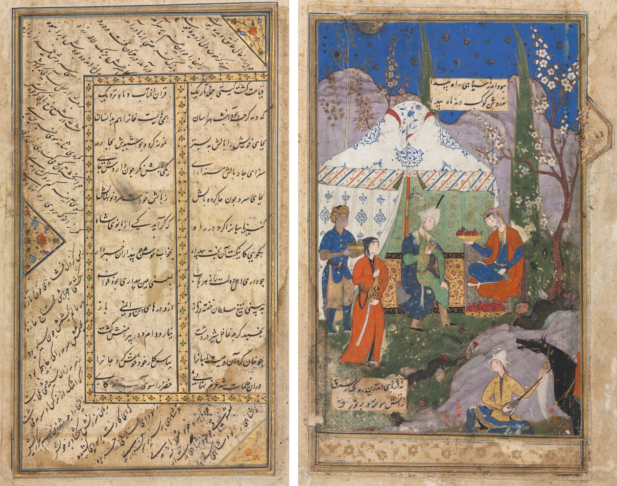 En episod från berättelsen om den sasaniske kungen Khusrau och hans älskade Shirin, från en Khamsa (kvintett) från Nizami (1141–1209) (verso); Persiska verser från en Haft Awrang (sju troner) av Jami (d. 1492) (recto) av Unknown artist
