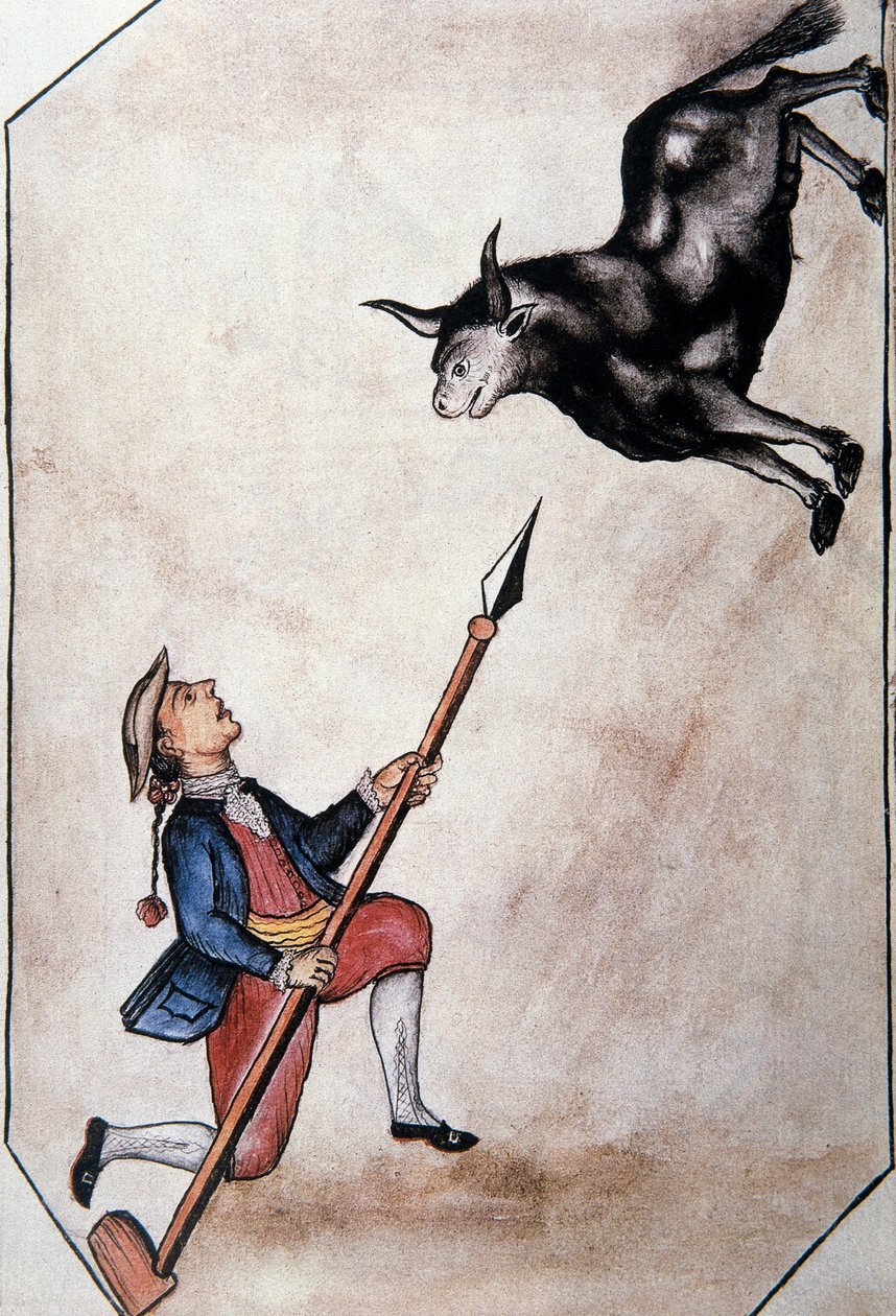En indian som pekar från sitt spjut till en tjur, från boken "Trujillo of Peru" eller "Codex Martinez Companion", av Baltazar Martinez Companion och Bujanda, biskop av Trujillo (1782-1785) av Unknown artist