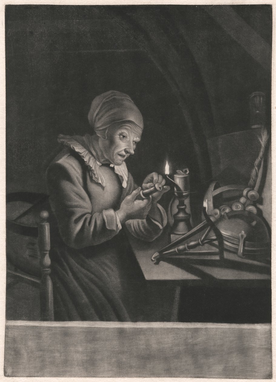 En gammal kvinna reparerar hennes spinnhjul av Unknown artist
