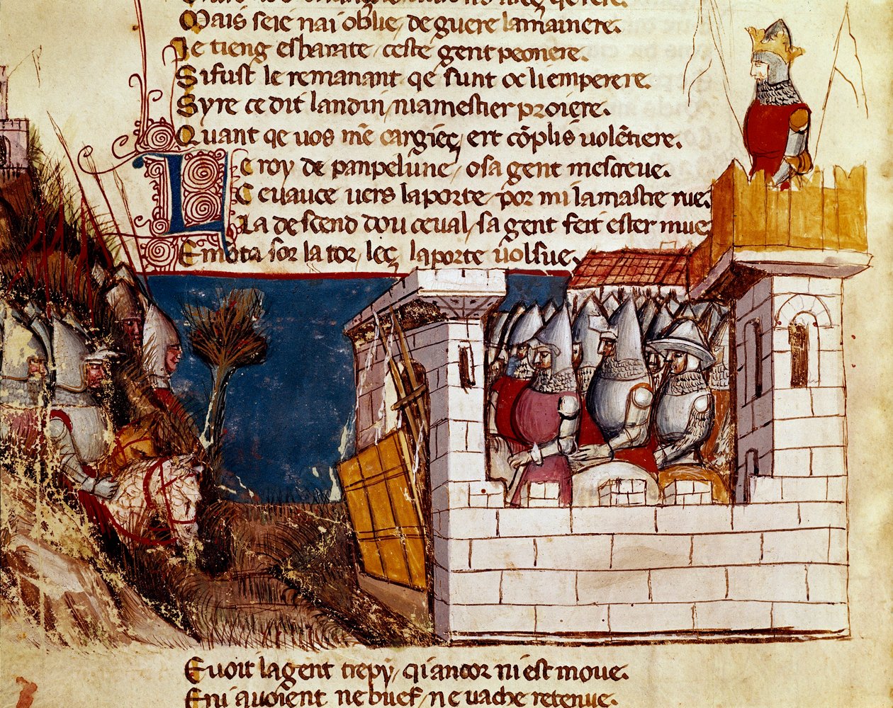 En armé (från kungen av Pamplona?) tar sin tillflykt till ett slott och klättrar upp på miniatyrbron Levis från "" Entrree of Spain"". 1300-talets Venedig, Biblioteca Marciana. av Unknown artist