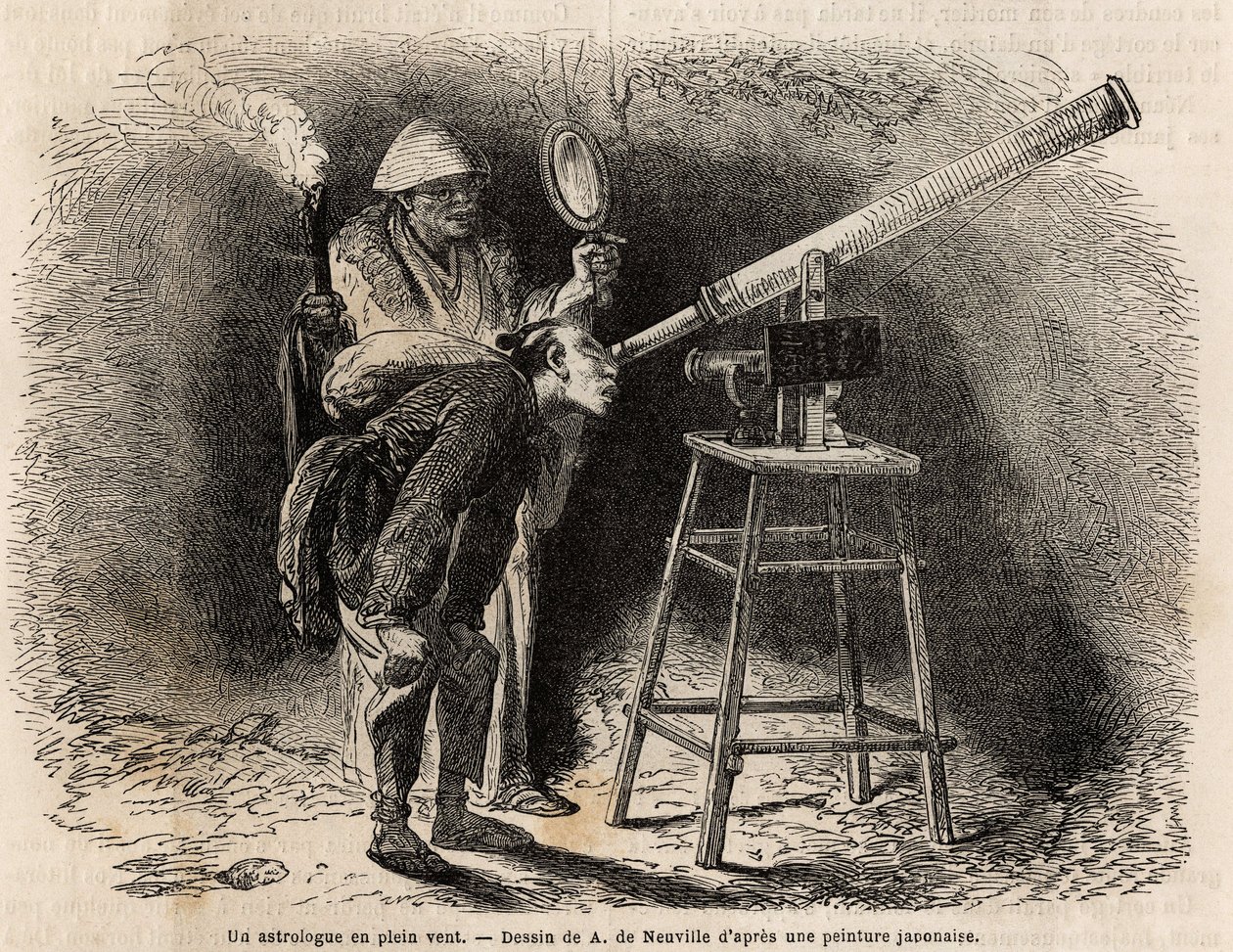 En astrolog söker igenom himlen i det fria med sitt teleskop. Gravyr för att illustrera resan till Japan, 1863-1864, av Aime Humbert, minister för Schweiziska edsförbundet, i "Le tour du monde, nouveau journal des voyages"" publicerad under dir. av Unknown artist