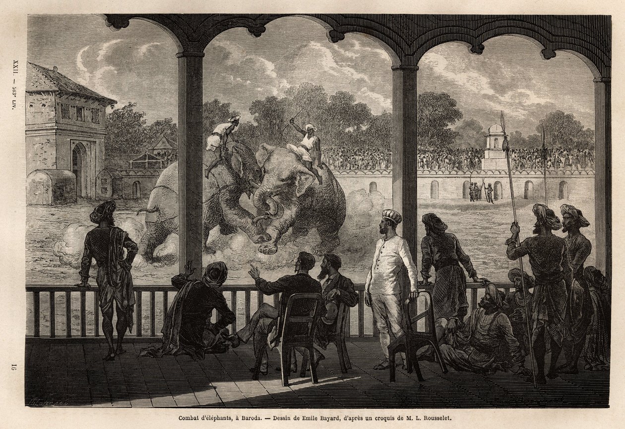 Ett elefantslagsmål i Baroda (eller Vadodara), delstaten Gujarat på Indiens nordöstra kust. Gravyr för att illustrera Rajahernas resa i Indien, av Louis Rousselet, 1864-1868, publicerad i "" Le tour du monde""" 1870-1871, redigerad av Edouard Charto av Unknown artist
