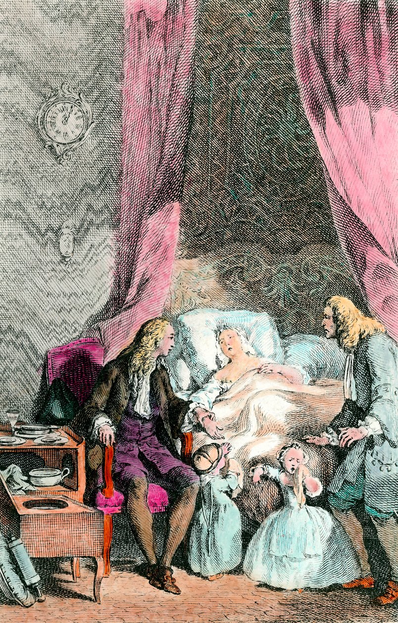 En observatörsläkare En kvinna som är sjuk eller redan död är omgiven av sin familj och läkaren. Barnen gråter. Gravyr omkring 1780. Paris, Medicinska Akademien av Unknown artist