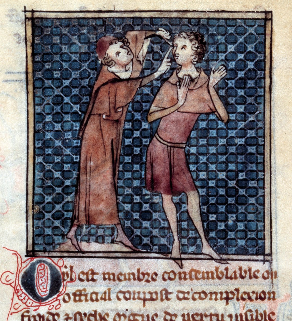 Anatomisk figur: läkare som undersöker ögat på en patient. Miniatyr från manuskriptet "" Surgery" (Folio 17v) skriven av Henri de Mondeville (kirurg hos Philippe Le Bel professor i anatomi) av Unknown artist