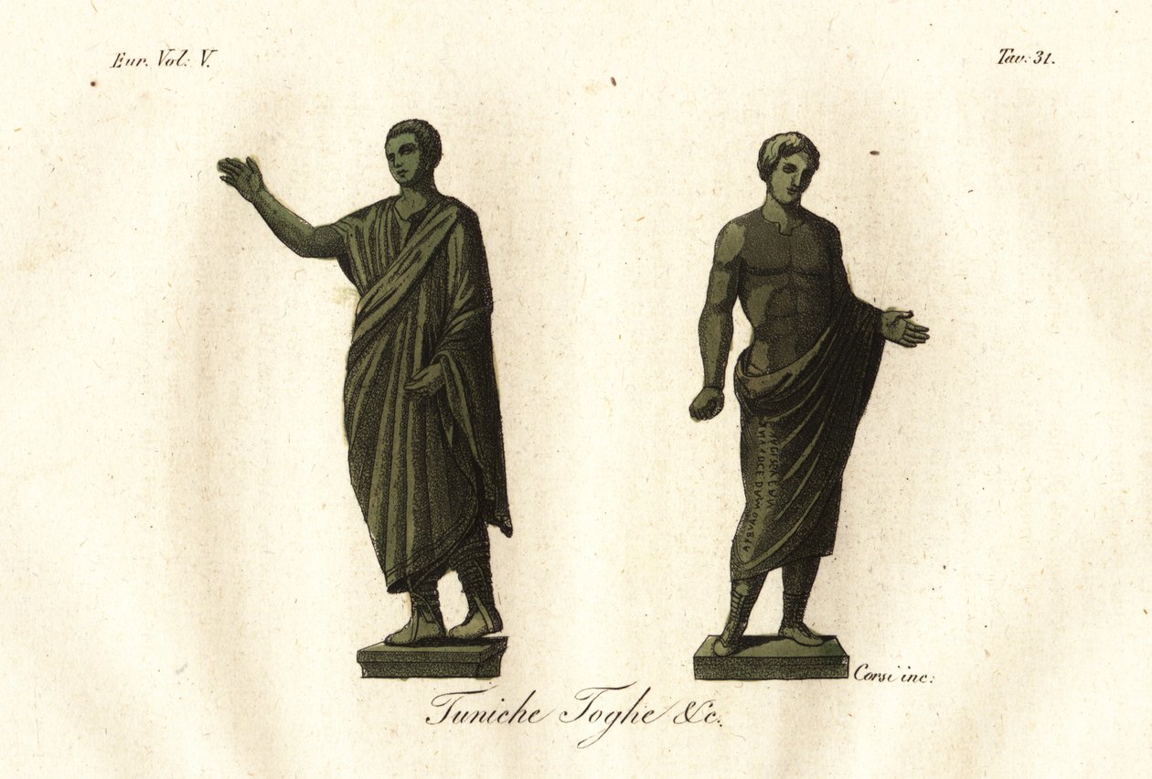 Forntida etruskiska statyer som visar män som bär toga, tunika, calzari (skor), etc. av Unknown artist