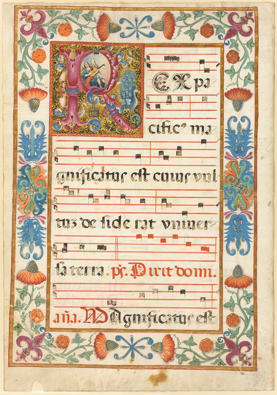 Ängel som spelar ett instrument i en dekorerad initial "R" med flora, fauna och grotesker, från en antifonal av Unknown artist
