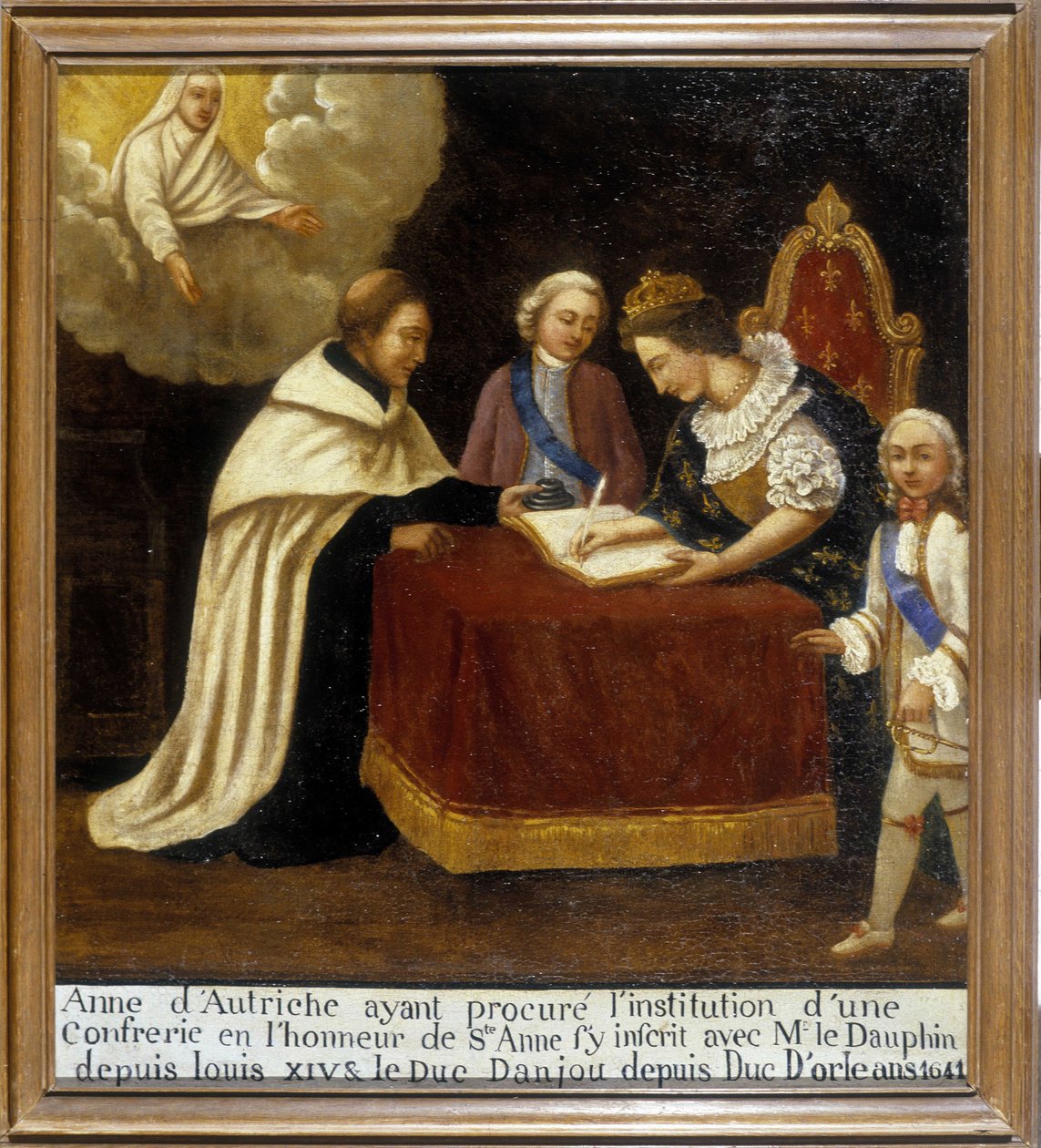 Anne av Österrike, efter att ha tillhandahållit inrättandet av ett broderskap eller heliga Anne, förenade sig med delfinen och hertigen av Anjou (nu Ludvig XIV och hertig av Orléans, dit Monsieur) av Unknown artist