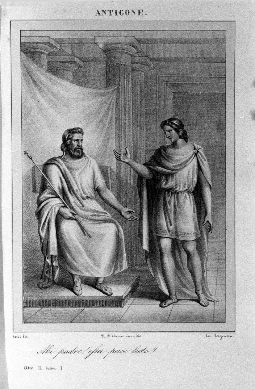 Antigone Akt II, scen 1. Italiensk tragedi av Vittorio Alfieri skriven 1783 efter grekisk mytologi. Gravyr av 1700-talet. av Unknown artist