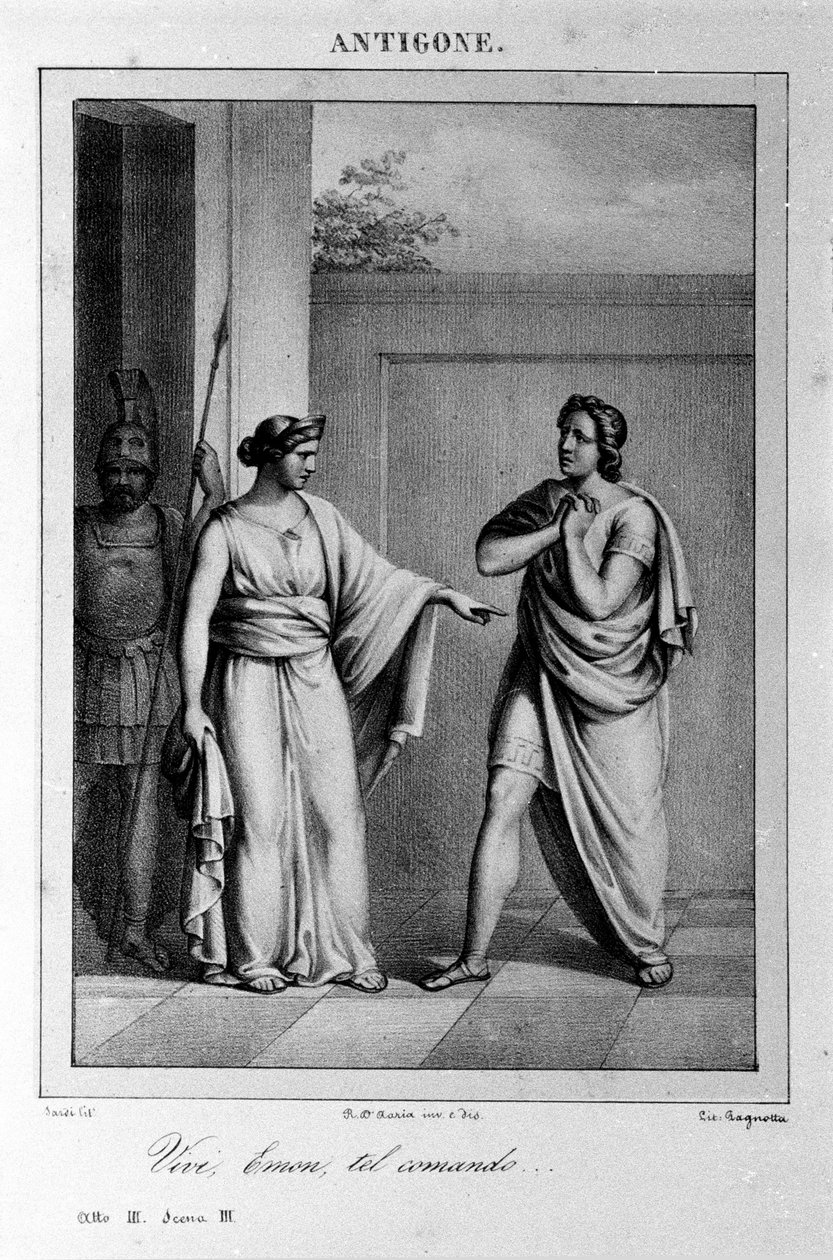 Antigone Akt I, scen 3. Italiensk tragedi av Vittorio Alfieri skriven 1783 efter grekisk mytologi. Gravyr av 1700-talet. av Unknown artist