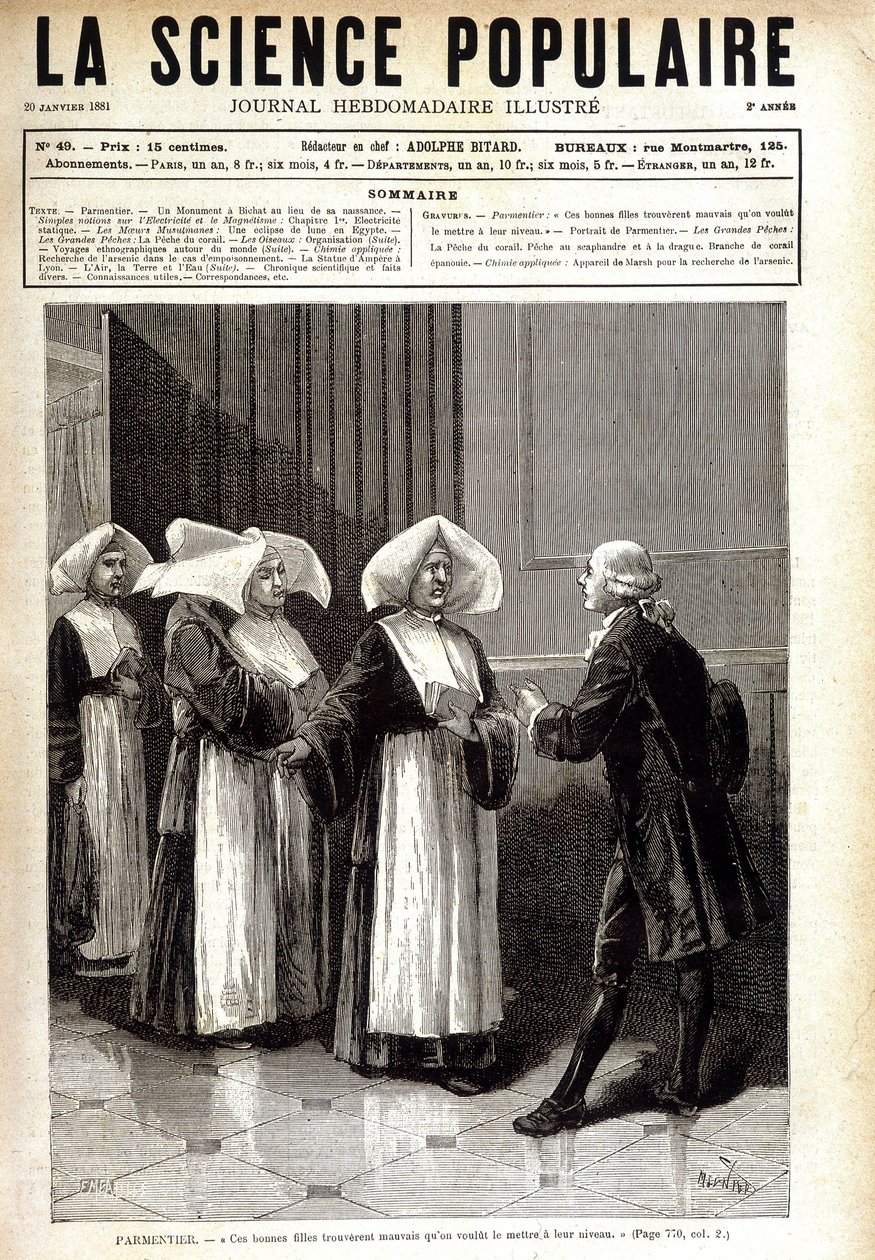Antoine Augustin Parmentier (1737 - 1813), apotekare känd för att ha spridit potatisodling i Frankrike, talade med nunnor. i "" La science populaire"" 1881-01-20. av Unknown artist
