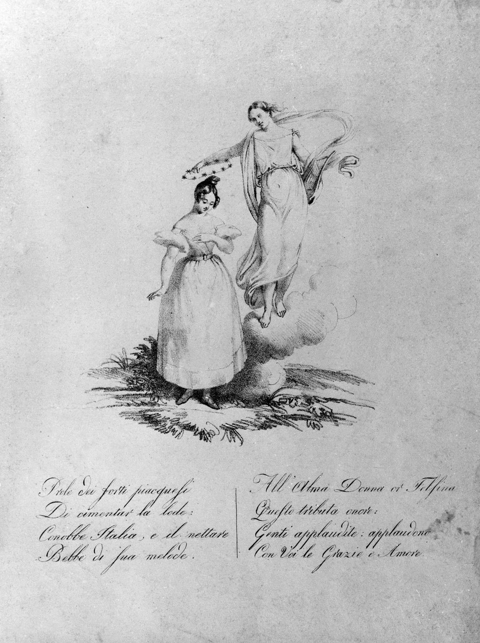 Apotheosis of Maria Garcia kallad Malibran (1808-1836) sångare. Gravyr av 1800-talet. . Milano. av Unknown artist
