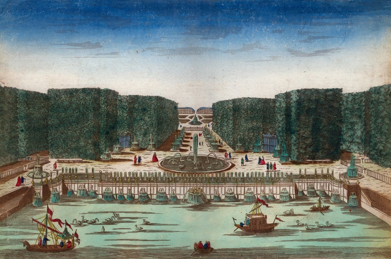 Aquae Lapsus i Hortis Versalicis - Optisk vy som representerar vattenfallen i Versailles på 1700-talet - Illustration runt 1760 av Unknown artist