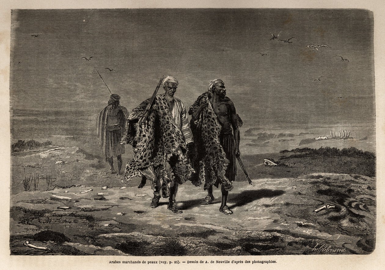 Arabiska beduiner, panterskinns- och fårullshandlare, på väg till Bagdads marsch (Irak). Gravyr för att illustrera resan till Babylon, 1866, av Guillaume Lejean, i "Le tour du monde, nouveau journal des voyages"" publicerad under den förfärliga av Unknown artist