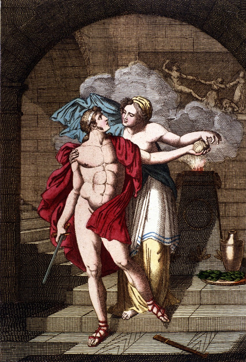 Arianne ger Theseus tråden så att han kan ta sig ur labyrinten - i Dizionario mitologico av Unknown artist