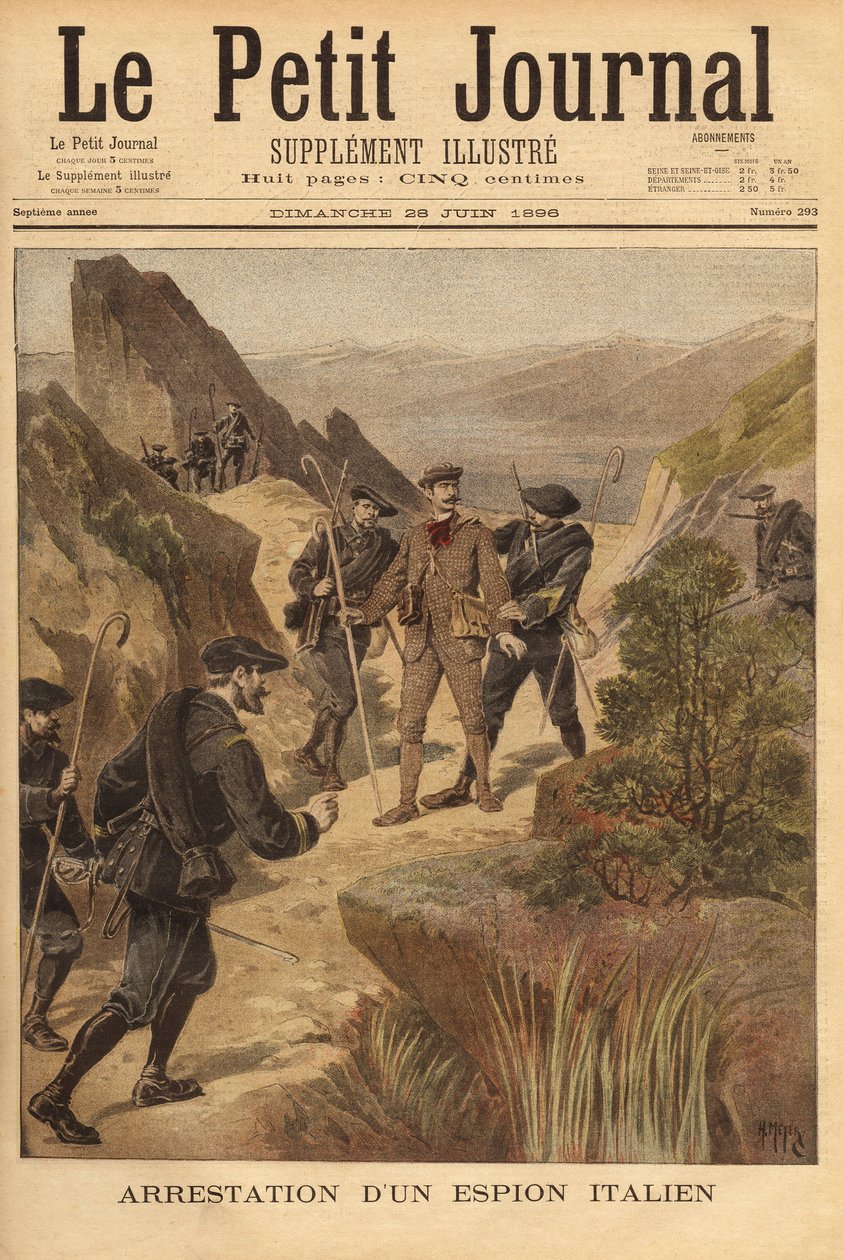 Gripande av en italiensk spion, kapten Vittorio Ravelli, av 23:e alpina jägarebataljonen, norr om departementet Maritime Alps. Gravyr i "" Le petit journal"" 1896-06-28. Selvas samling. av Unknown artist